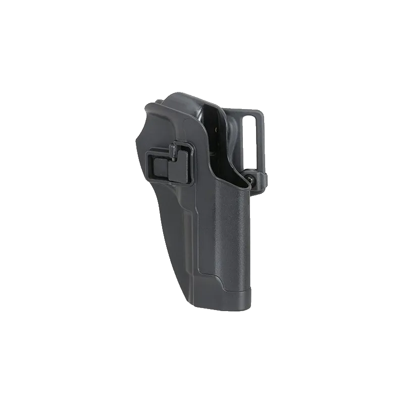 Holster rigide noir pour M9, vue de trois quarts côté bouton de rétention