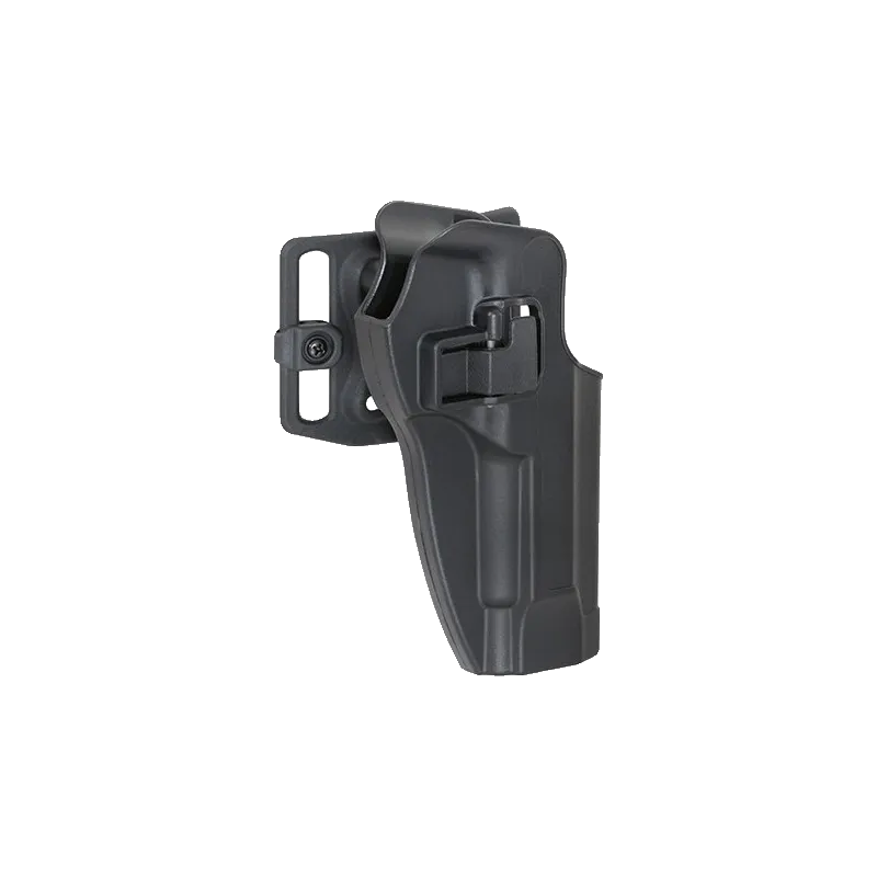 Holster rigide noir pour M9 avec passant de ceinture, vue de trois quarts