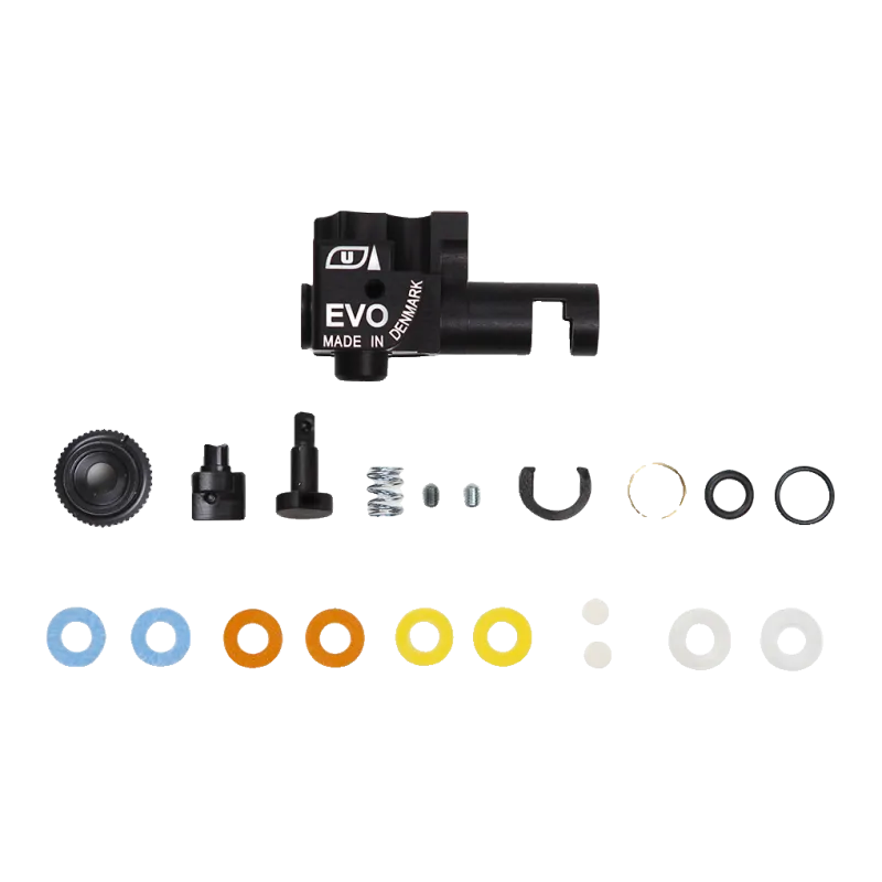 Bloc hop-up ASG Ultimate EVO CNC et toutes les pièces du kit : molette, poussoir, ressort, cales