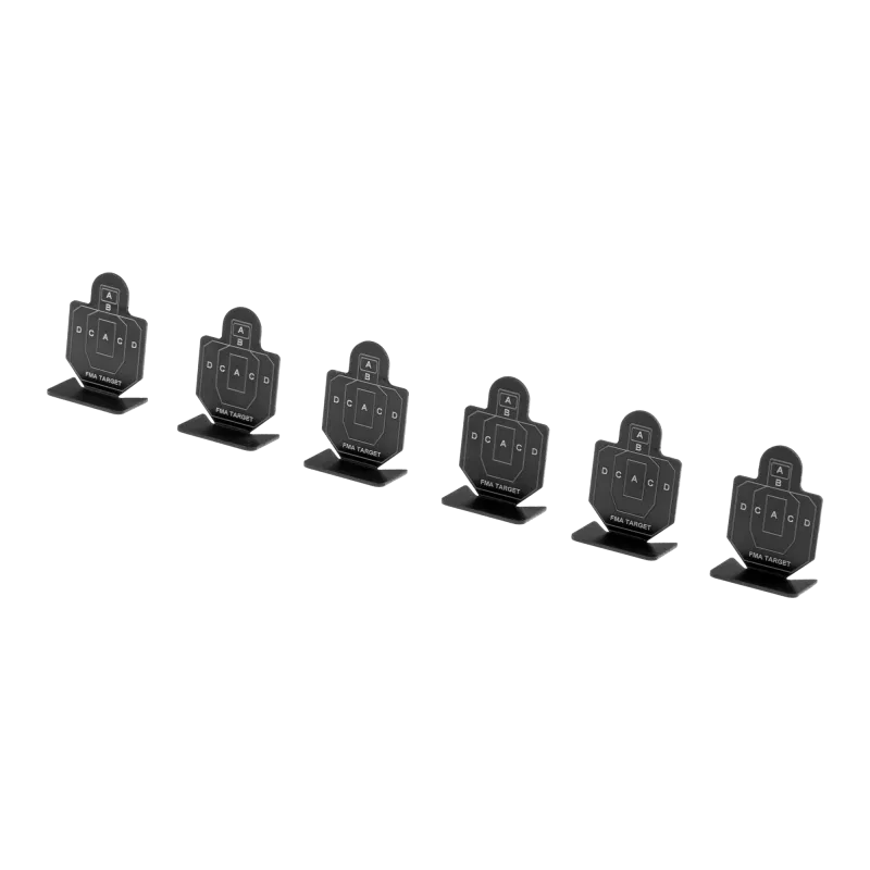 Lot de 6 cibles métal tombantes FMA noires alignées, vue de trois quarts