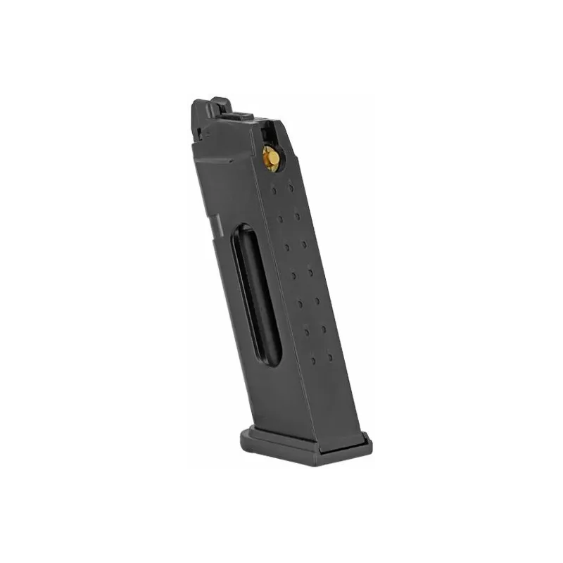 Chargeur CO2 Umarex pour Glock 17 Gen5 MOS noir, vue de trois quarts avec valve de remplissage