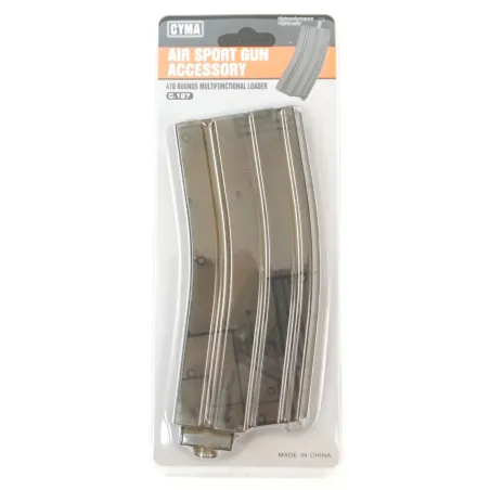 Speed loader CYMA 470 billes style M4 transparent fumé vue de face