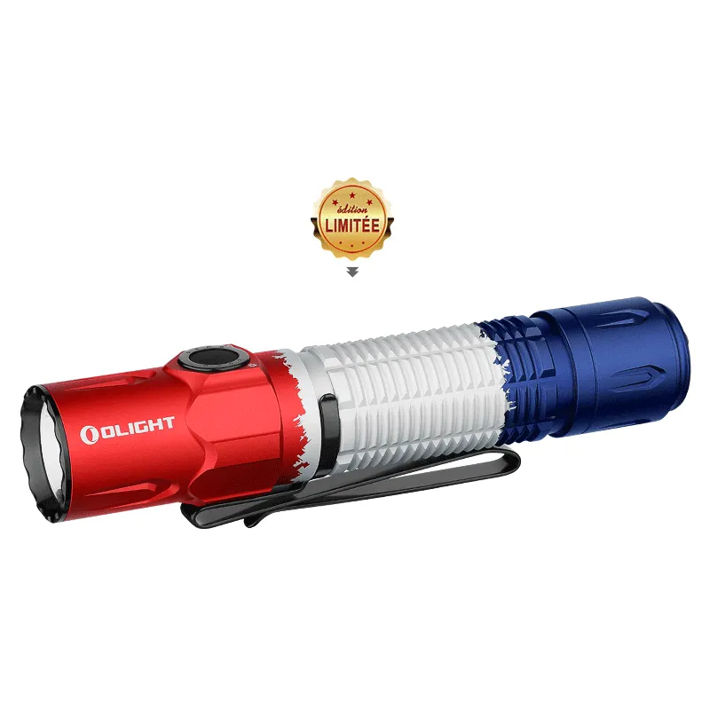 Lampe Olight Warrior 3S bleu blanc rouge avec macaron édition limitée, vue de profil