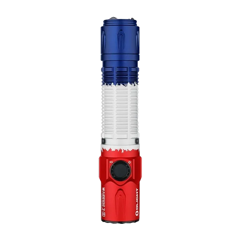 Lampe Olight Warrior 3S drapeau français, vue verticale du bouton et du sélecteur de mode