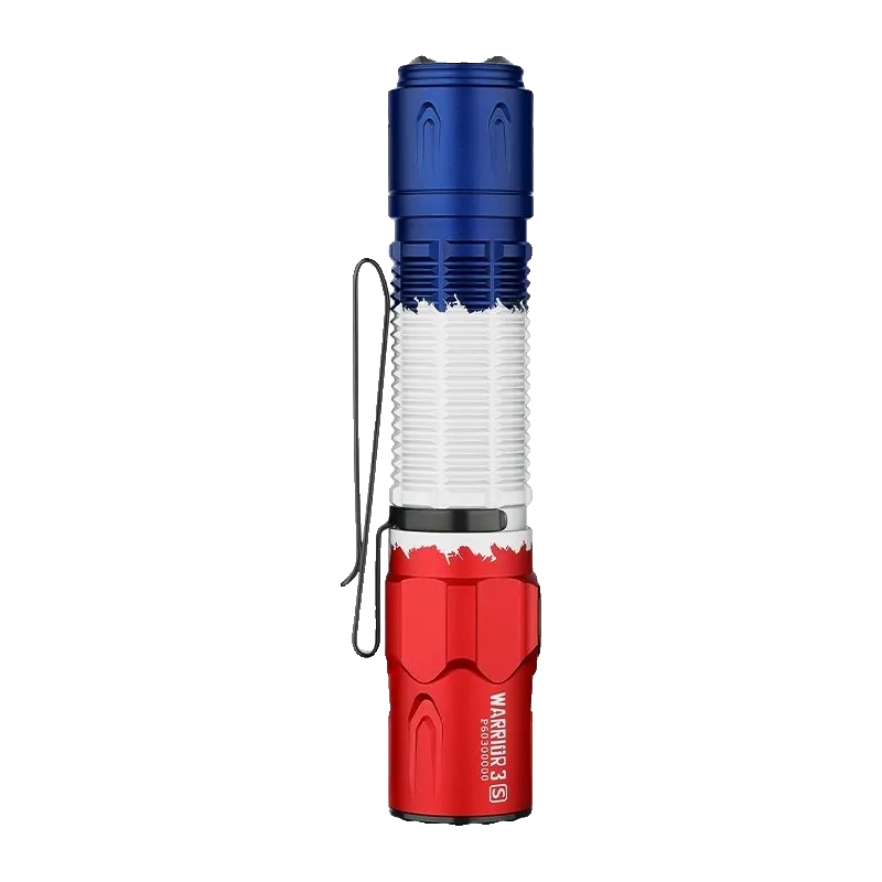 Lampe Olight Warrior 3S drapeau français, vue verticale avec clip et marquage Warrior 3S
