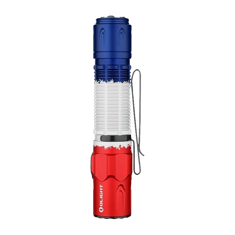 Lampe Olight Warrior 3S drapeau français, vue verticale côté clip et logo Olight