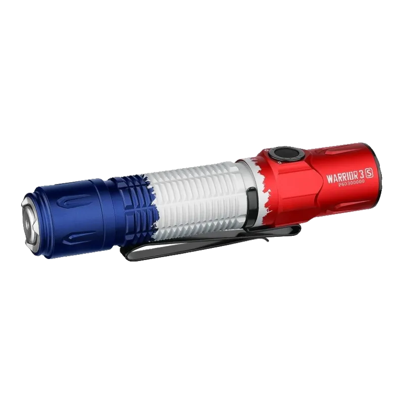 Lampe Olight Warrior 3S drapeau français, vue de trois quarts arrière avec marquage Warrior 3S
