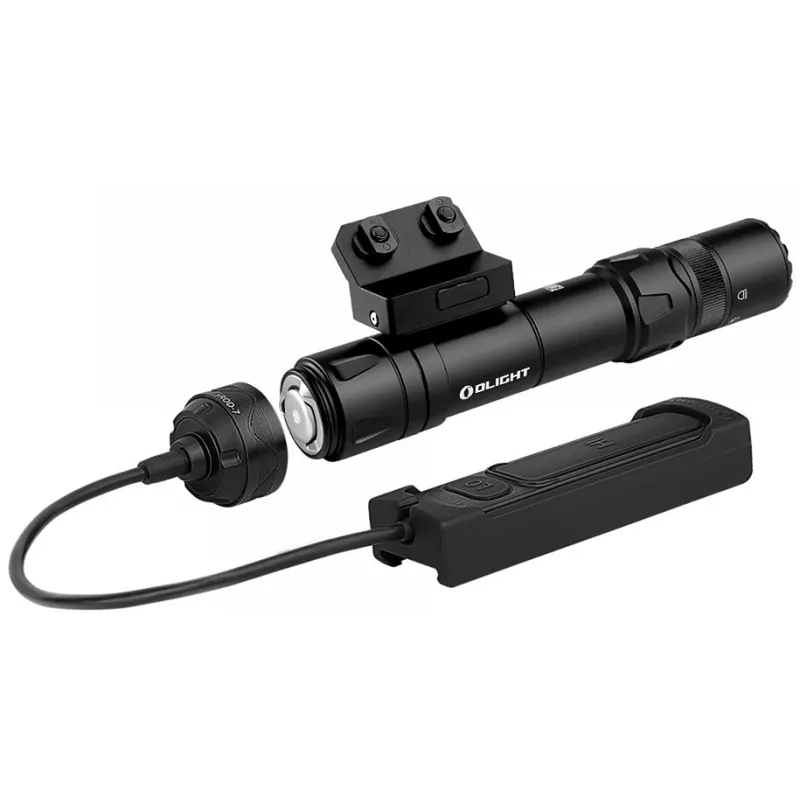 Lampe Olight Odin GL M noire, bouchon arrière démonté et contacteur déporté
