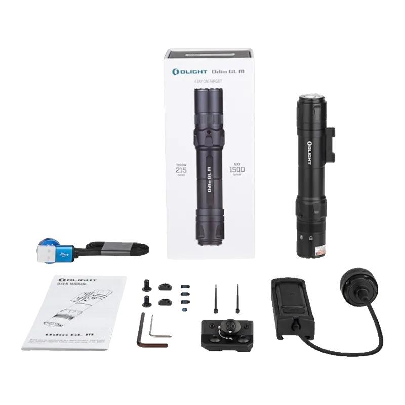 Contenu du pack Olight Odin GL M : lampe, boîte, embase M-Lok, contacteur, câble et notice