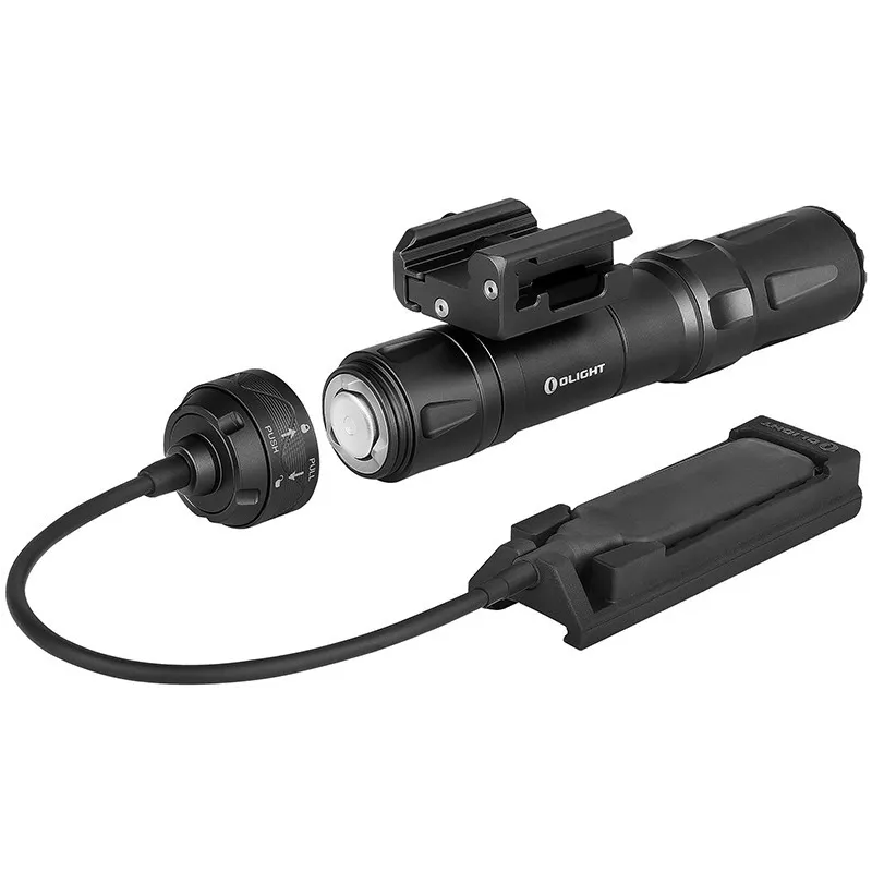 Lampe Olight Odin noire, bouchon arrière démonté et contacteur déporté pour rail Picatinny