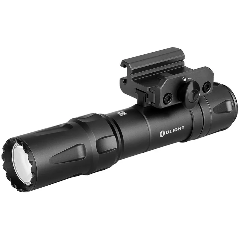 Lampe tactique Olight Odin noire, embase Picatinny et molette de serrage, vue de trois quarts