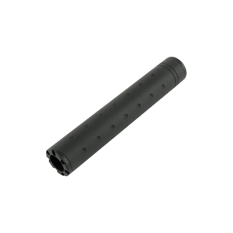 Silencieux Slong Airsoft alvéolé noir de trois quarts, embout avant crénelé