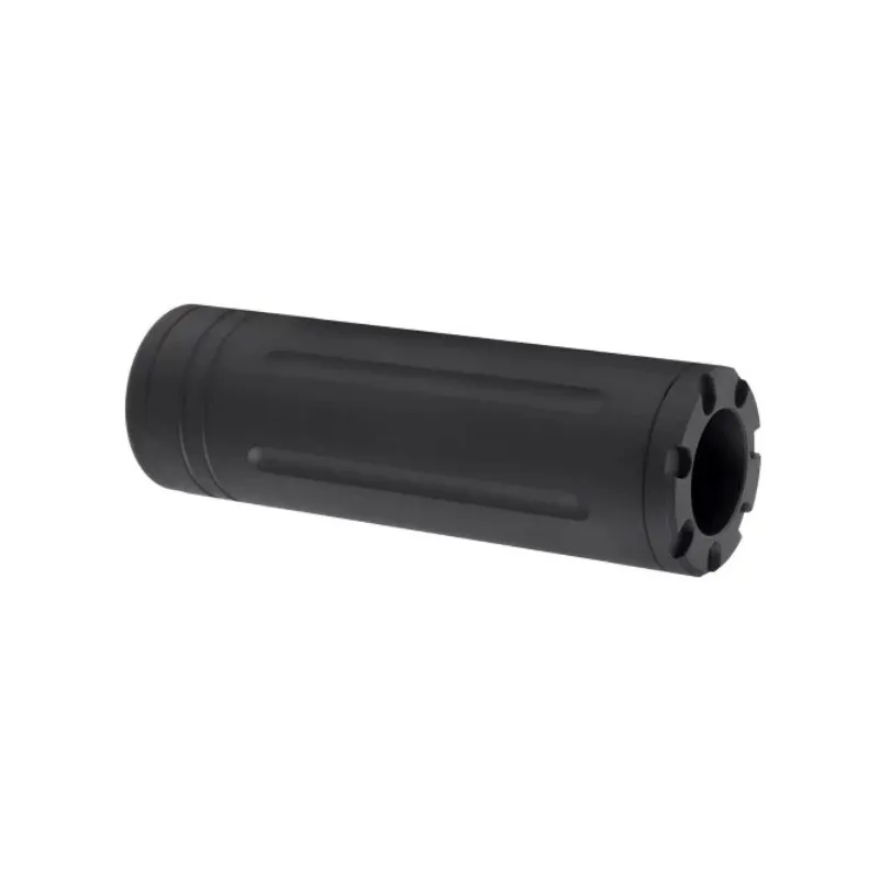 Silencieux Slong Airsoft 110 mm en aluminium noir, vue de côté avec rainures et embout