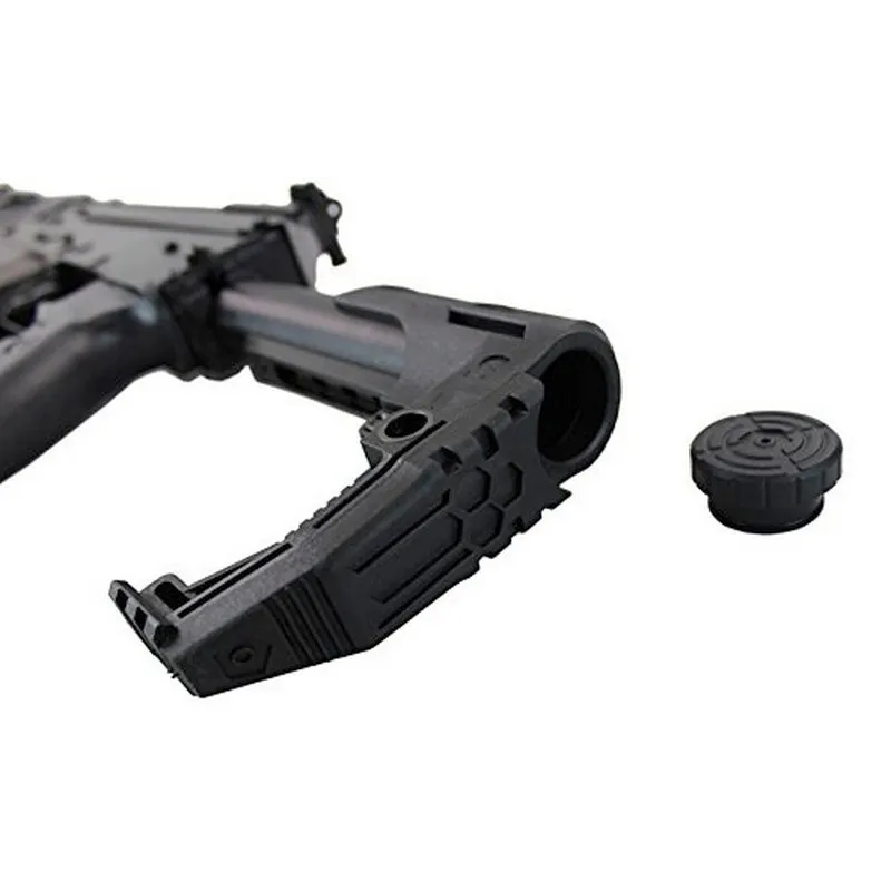 Crosse compacte Slong Airsoft noire montée sur réplique, bouchon arrière retiré