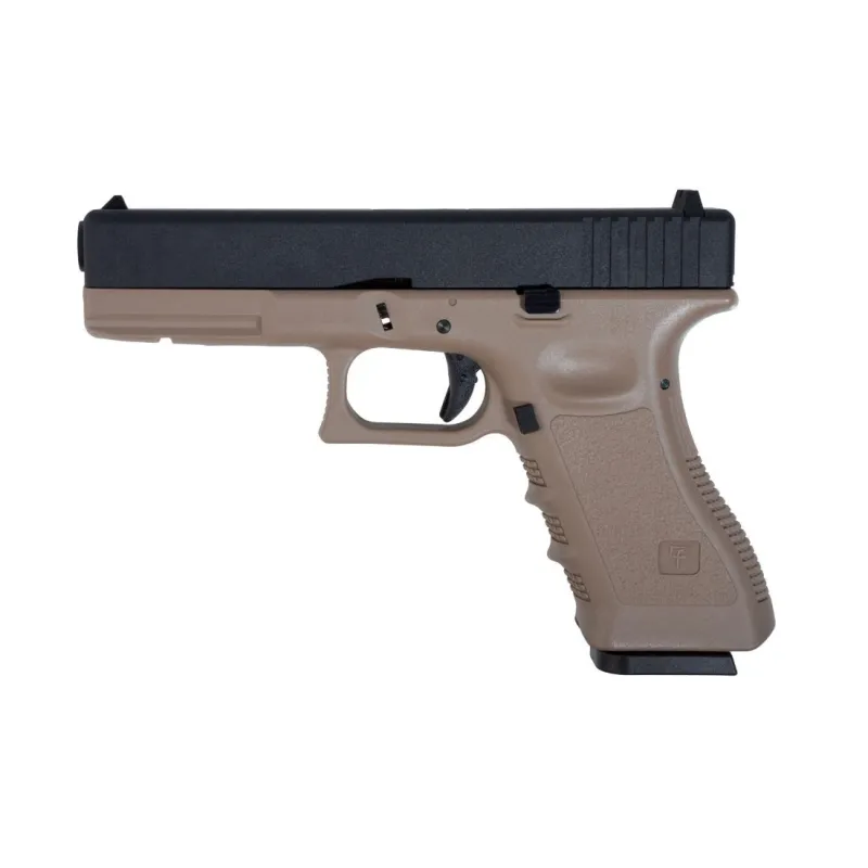 Pistolet GBB Saigo Defense MK1 tan et noir, vue de profil côté gauche
