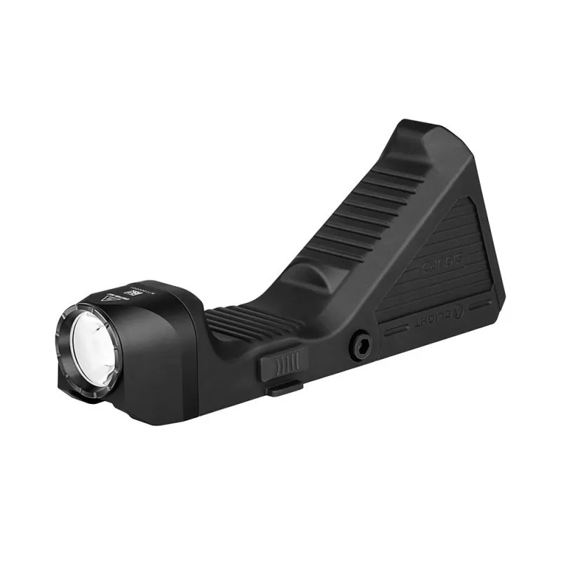 Poignée angulaire lampe Olight Sigurd noire, vue de profil côté interrupteur