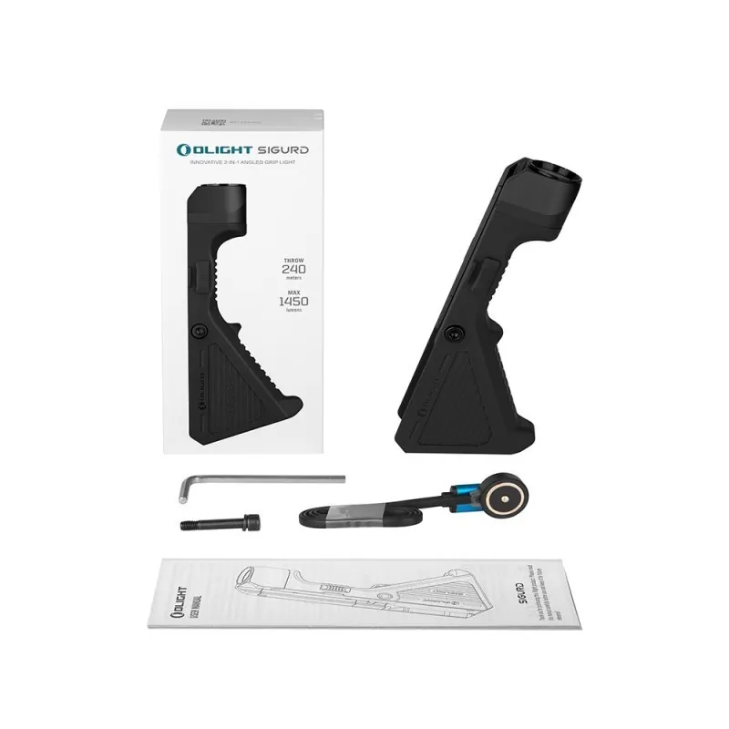 Olight Sigurd noire, contenu du pack : boîte, poignée, câble, visserie, notice