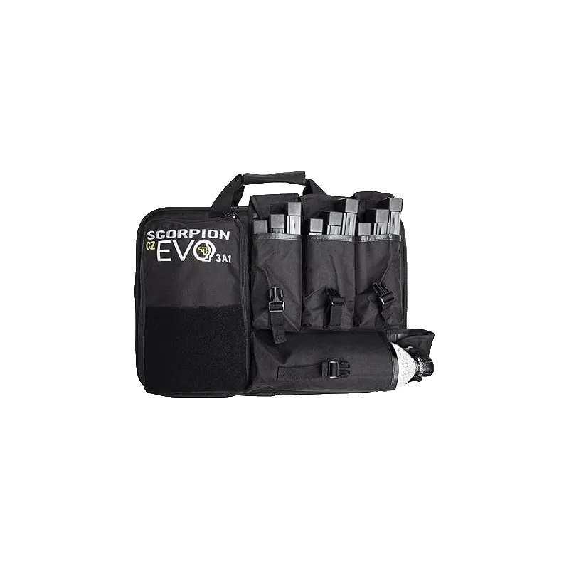 Housse ASG Scorpion EVO 3 A1 avec chargeurs et bouteille de billes dans les poches