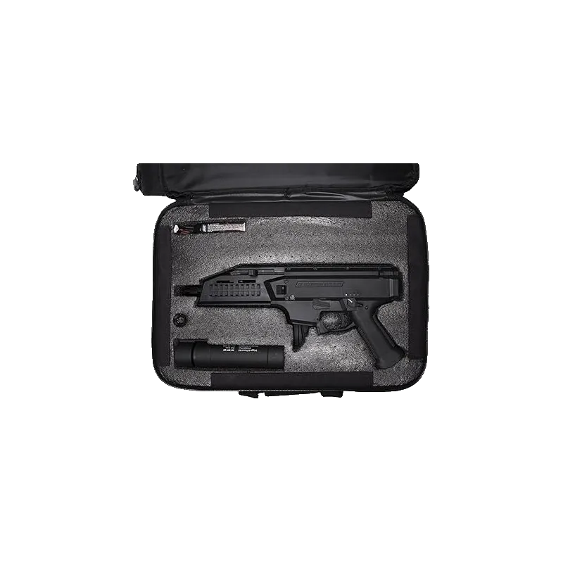 Housse ASG Scorpion EVO 3 A1 ouverte, réplique calée dans la mousse découpée