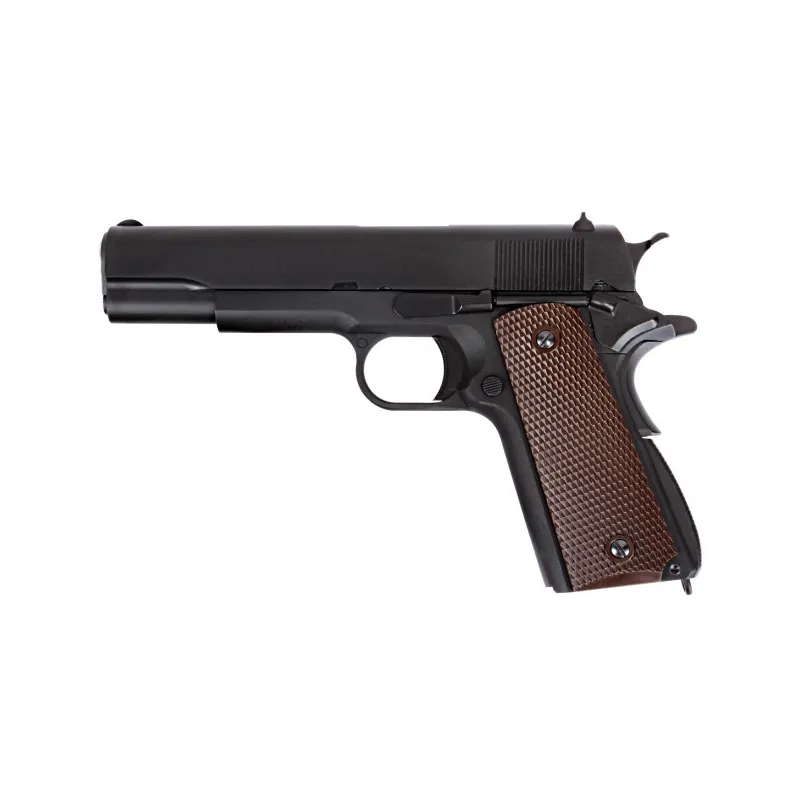 Pistolet GBB WE 1911A noir, vue de profil gauche avec plaquettes marron