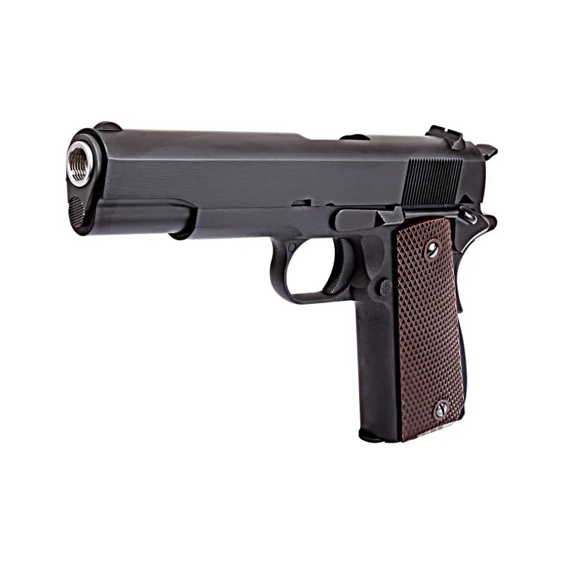 Pistolet GBB WE 1911A noir, vue de trois quarts avant