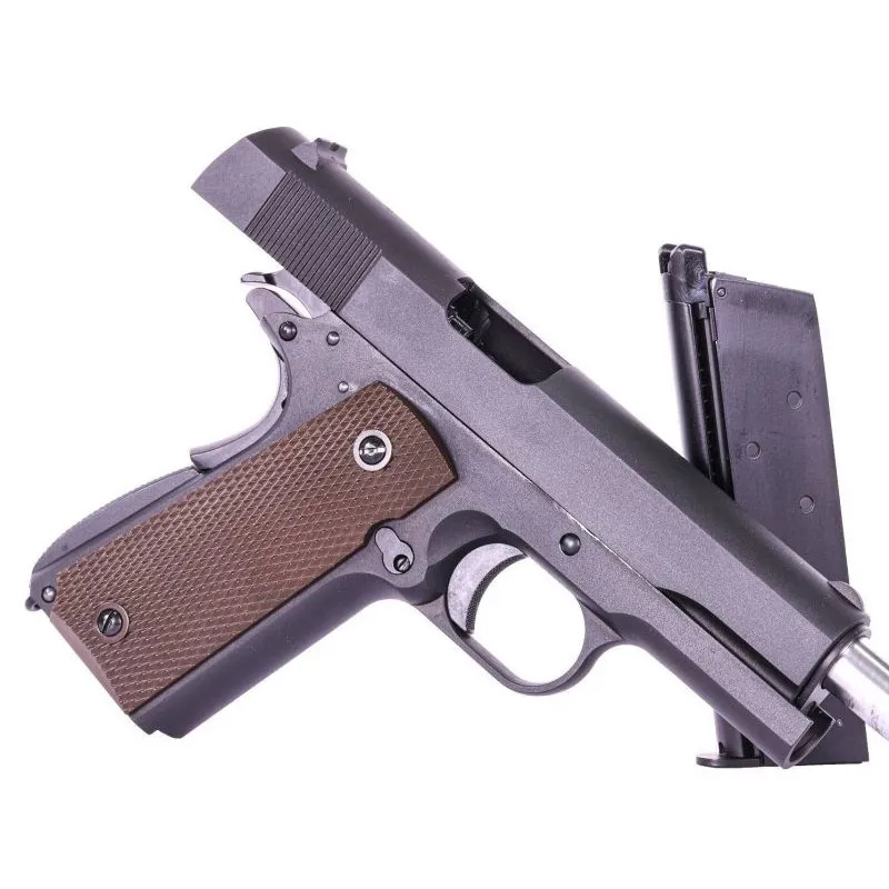 Pistolet GBB WE 1911A noir culasse ouverte avec chargeur