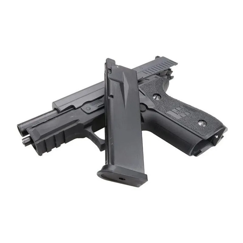 Pistolet GBB WE P229 noir, culasse ouverte et chargeur retiré