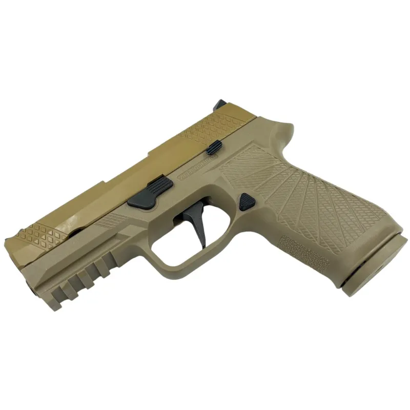 Pistolet GBB WE F18 V2 tan, vue de trois quarts gauche couché