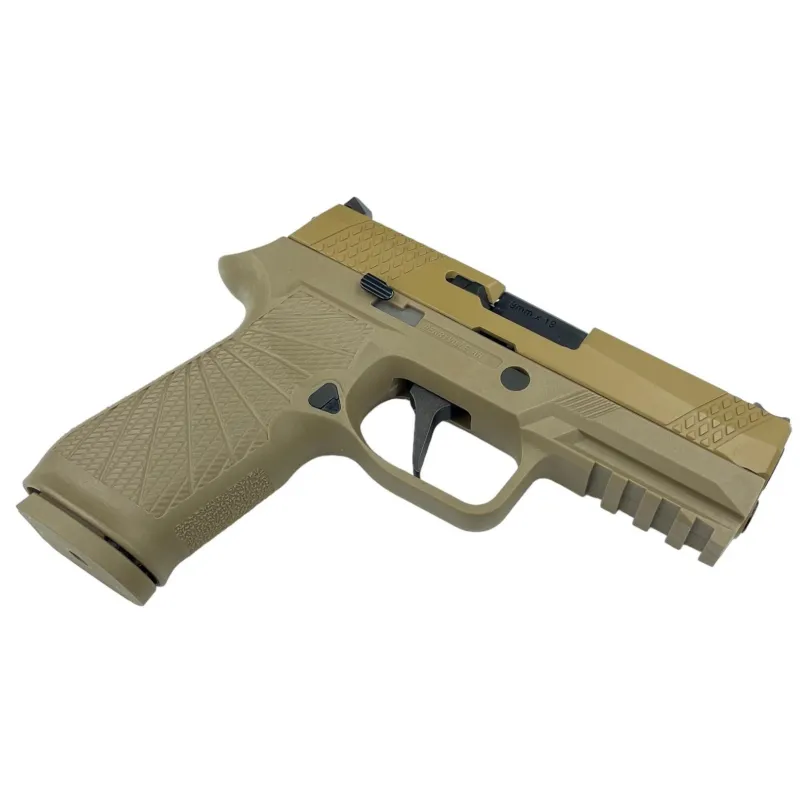 Pistolet GBB WE F18 V2 tan, vue de trois quarts droit couché