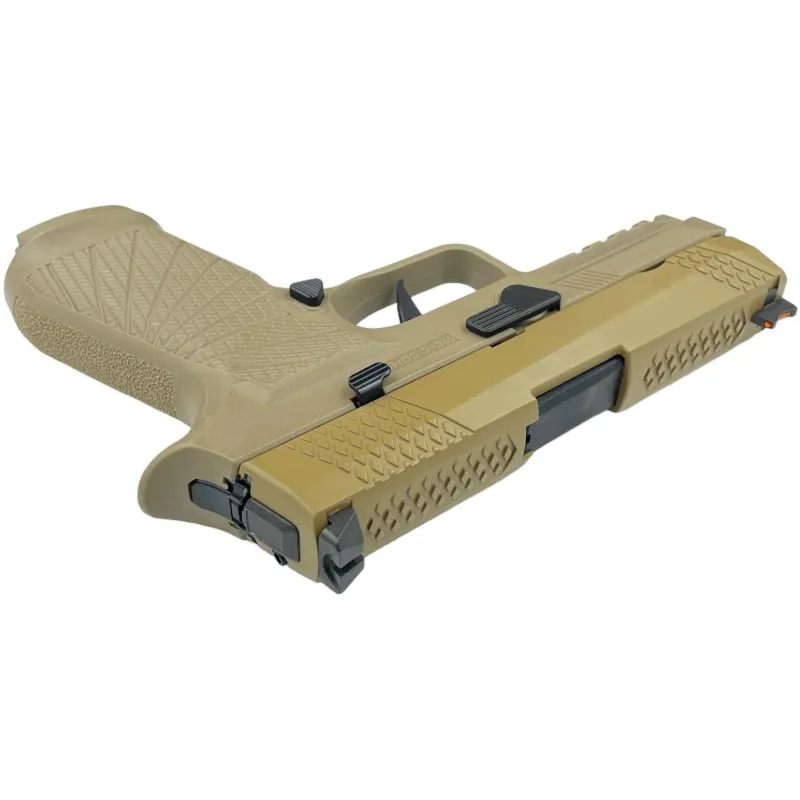 Pistolet GBB WE F18 V2 tan, vue arrière plongeante sur la culasse