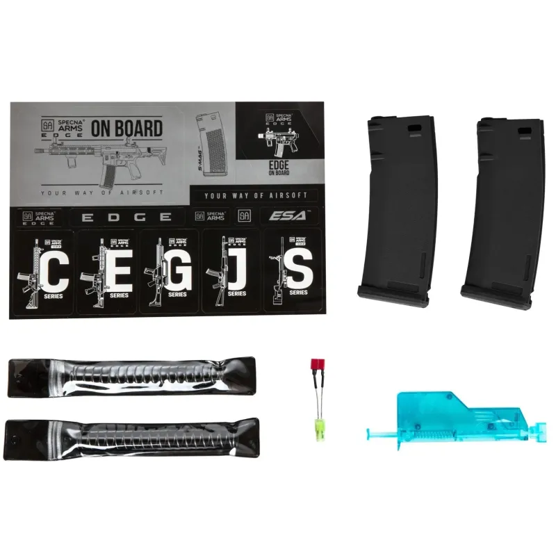 Contenu de la boîte Specna Arms SA-P27 PRIME : chargeurs S-Mag, ressorts, adaptateur et chargeur rapide