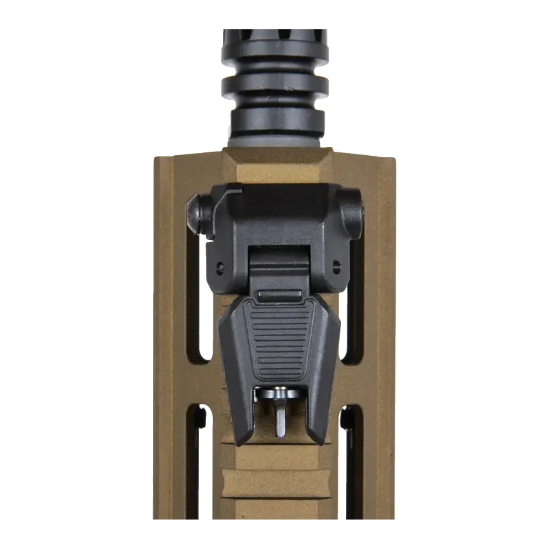 Specna Arms SA-P27 PRIME, guidon rabattable vu de dessus sur le garde-main bronze