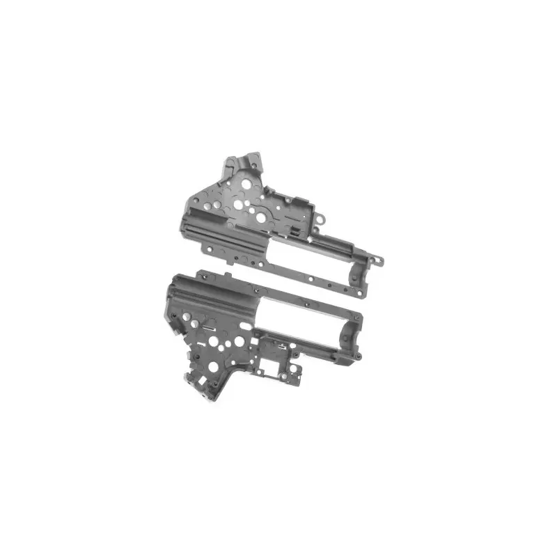 Demi-coques de gearbox G&G Armament G2H séparées, vue intérieure avec emplacements d'axes