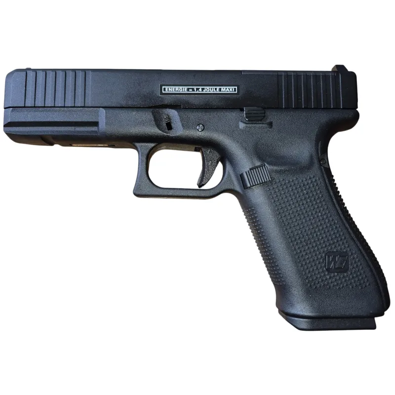 Pistolet GBB WE W17F Gen5 MOS noir, vue de profil gauche avec marquage énergie