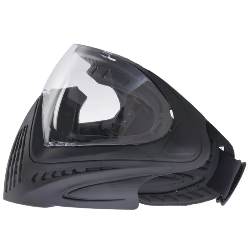 Masque complet FMA F1 noir à écran transparent, vue de profil avec sangle