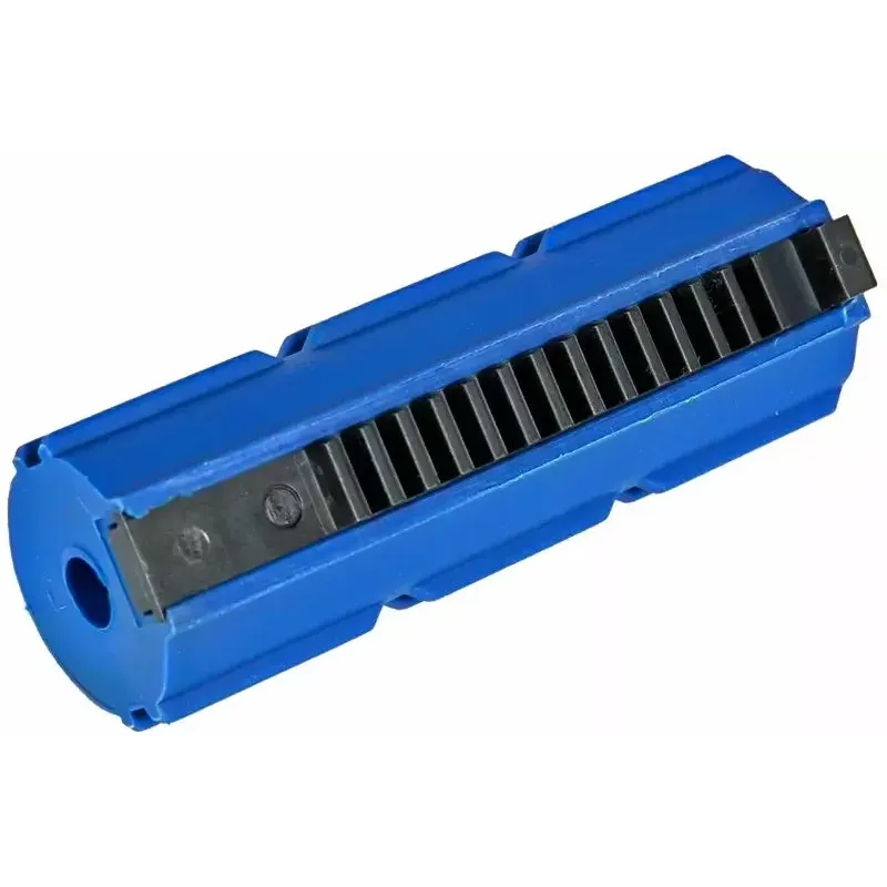 Piston Specna Arms 14 dents polymère bleu, vue trois-quarts de la crémaillère acier