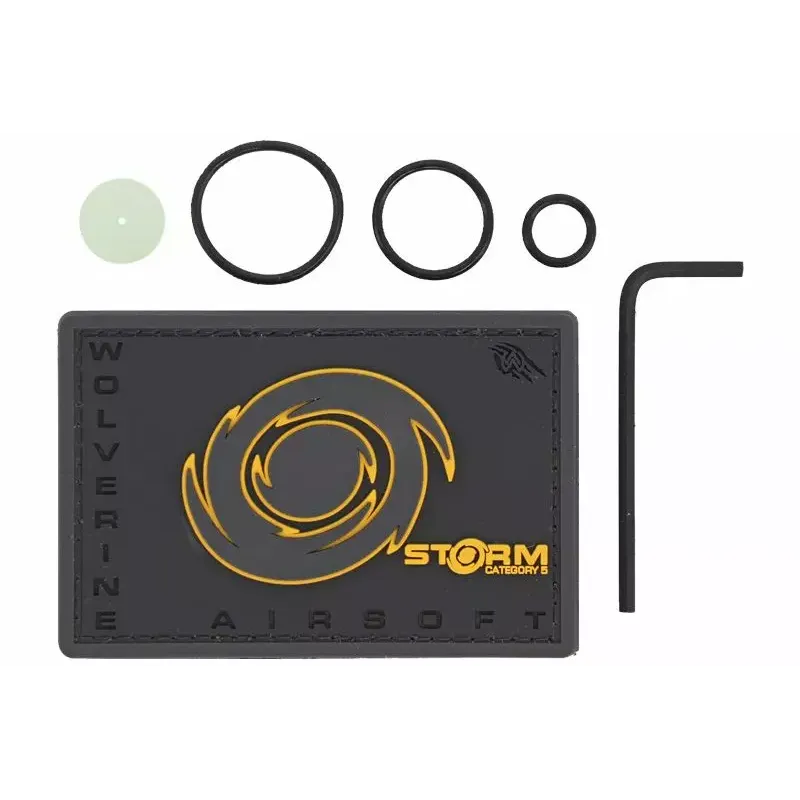 Contenu du pack régulateur Wolverine Storm : patch, joints toriques, filtre et clé Allen