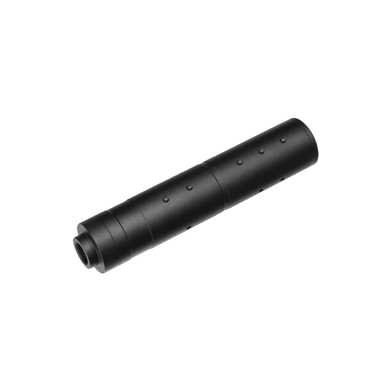 Silencieux CYMA alvéolé noir de trois quarts, côté embout fileté 14 mm
