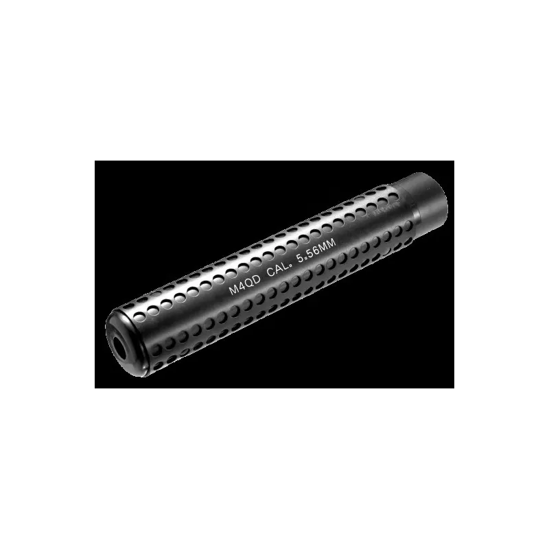 Silencieux Tokyo Marui Pro Knight's noir perforé, gravure M4QD Cal. 5.56mm, sur fond noir