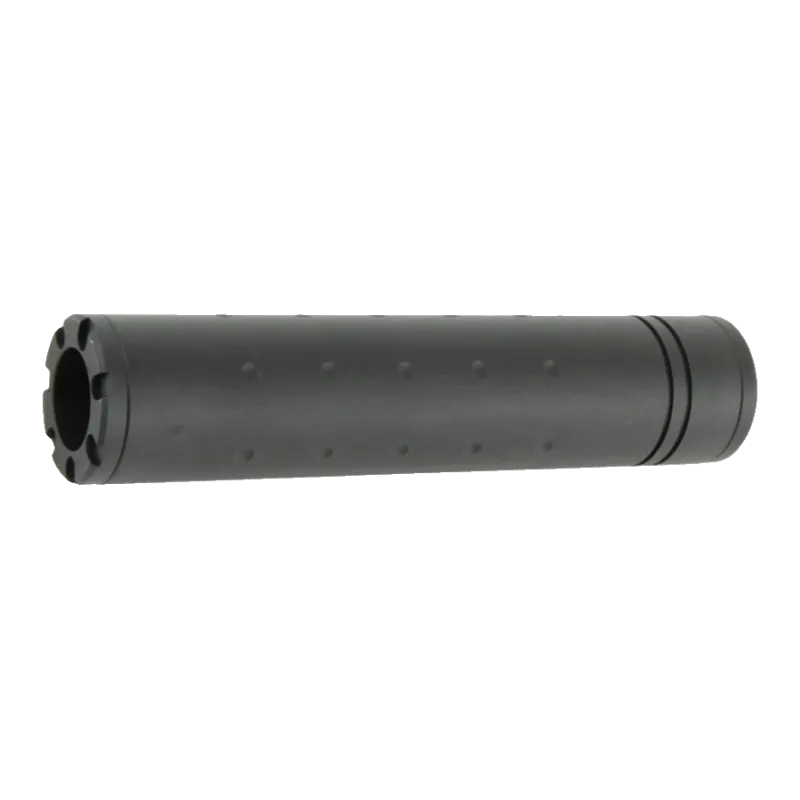 Silencieux Slong Airsoft 160 mm noir, vue du côté de l'embout à crans