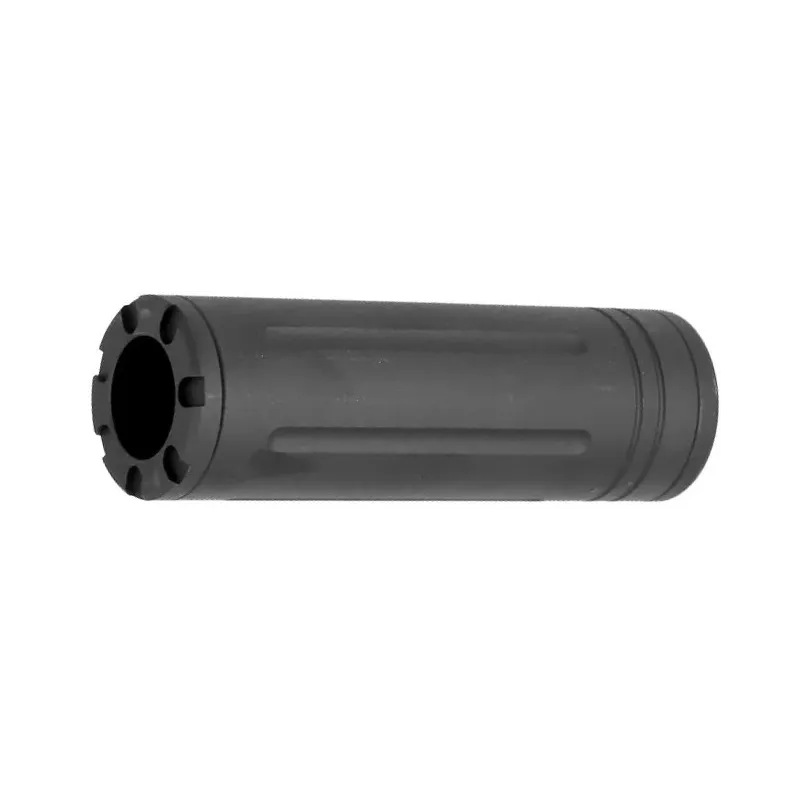 Silencieux Slong Airsoft 110 mm noir, vue du côté de l'embout à crans