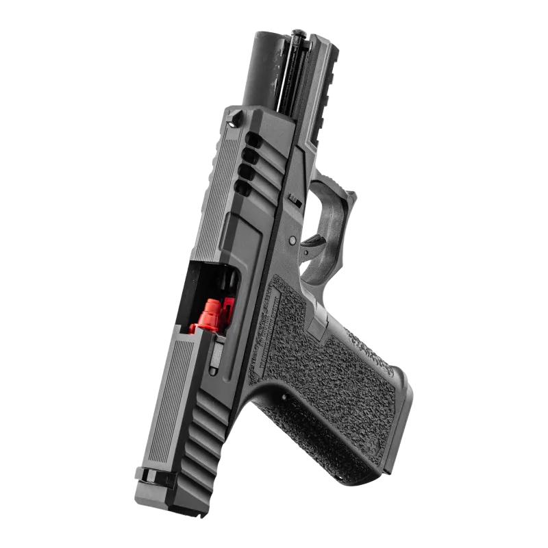 Pistolet GBB AW Custom VX9100 noir, culasse ouverte, nozzle rouge visible