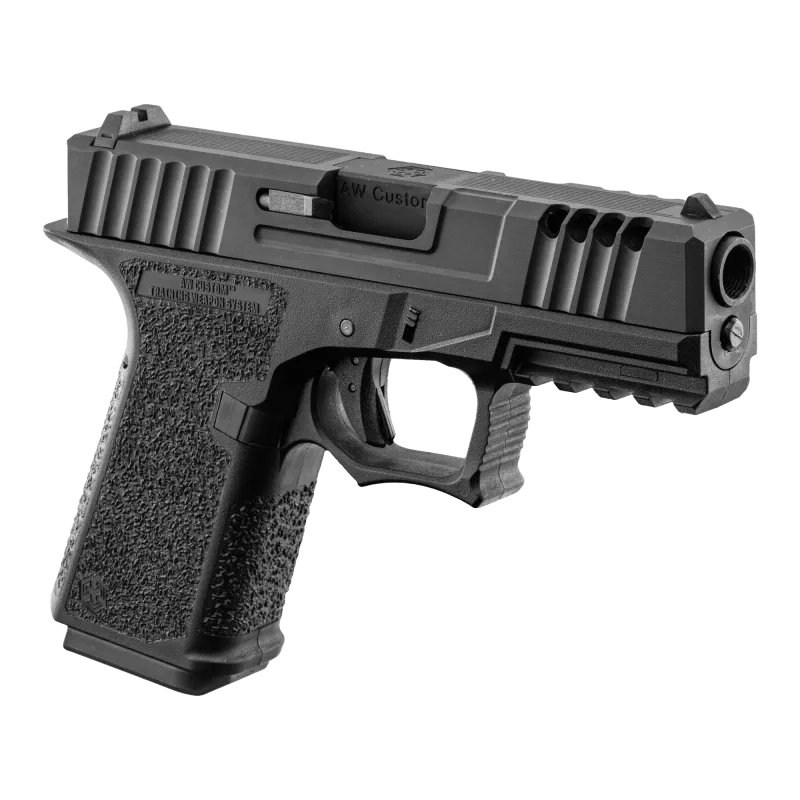 Pistolet GBB AW Custom VX9100 noir, vue 3/4 arrière droite, ouvertures de culasse
