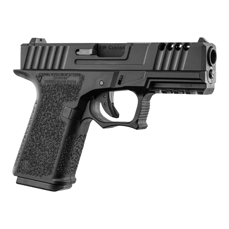 Pistolet GBB AW Custom VX9100 noir, vue 3/4 droite, marquage AW Custom