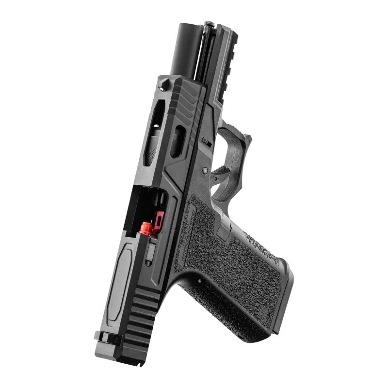 Pistolet GBB AW Custom VX9300 noir, culasse ouverte, vue plongeante