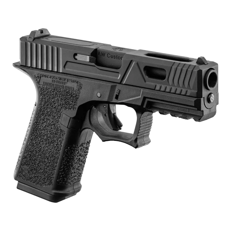 Pistolet GBB AW Custom VX9300 noir, vue 3/4 avant droite, canon fileté