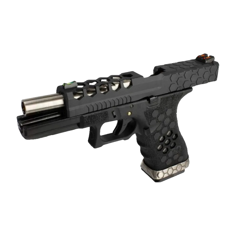 Pistolet GBB AW Custom VX0101 noir culasse ouverte, canon argent visible, vue de trois quarts