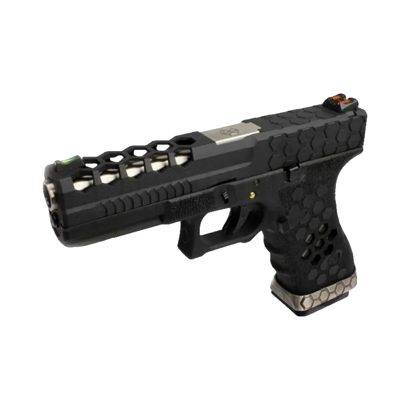 Pistolet GBB AW Custom VX0101 noir, culasse ajourée hexagonale, vue de trois quarts avant