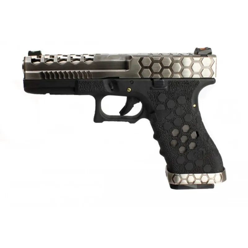 Pistolet GBB AW Custom VX0100 Hex Cut noir et silver, vue de profil gauche