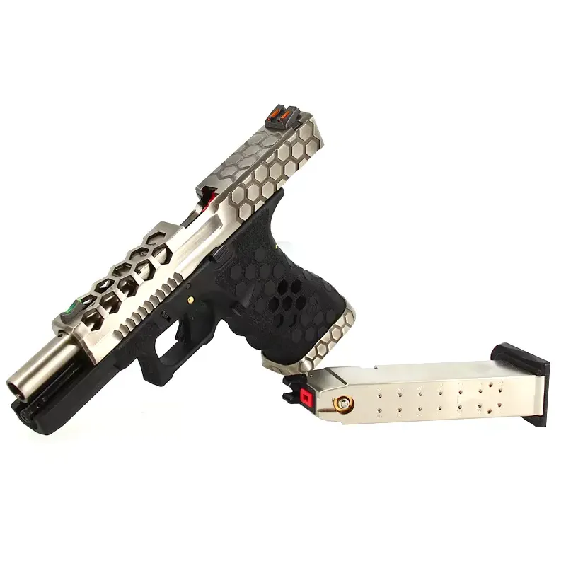 Pistolet GBB AW Custom VX0100 Hex Cut culasse ouverte avec son chargeur gaz retiré